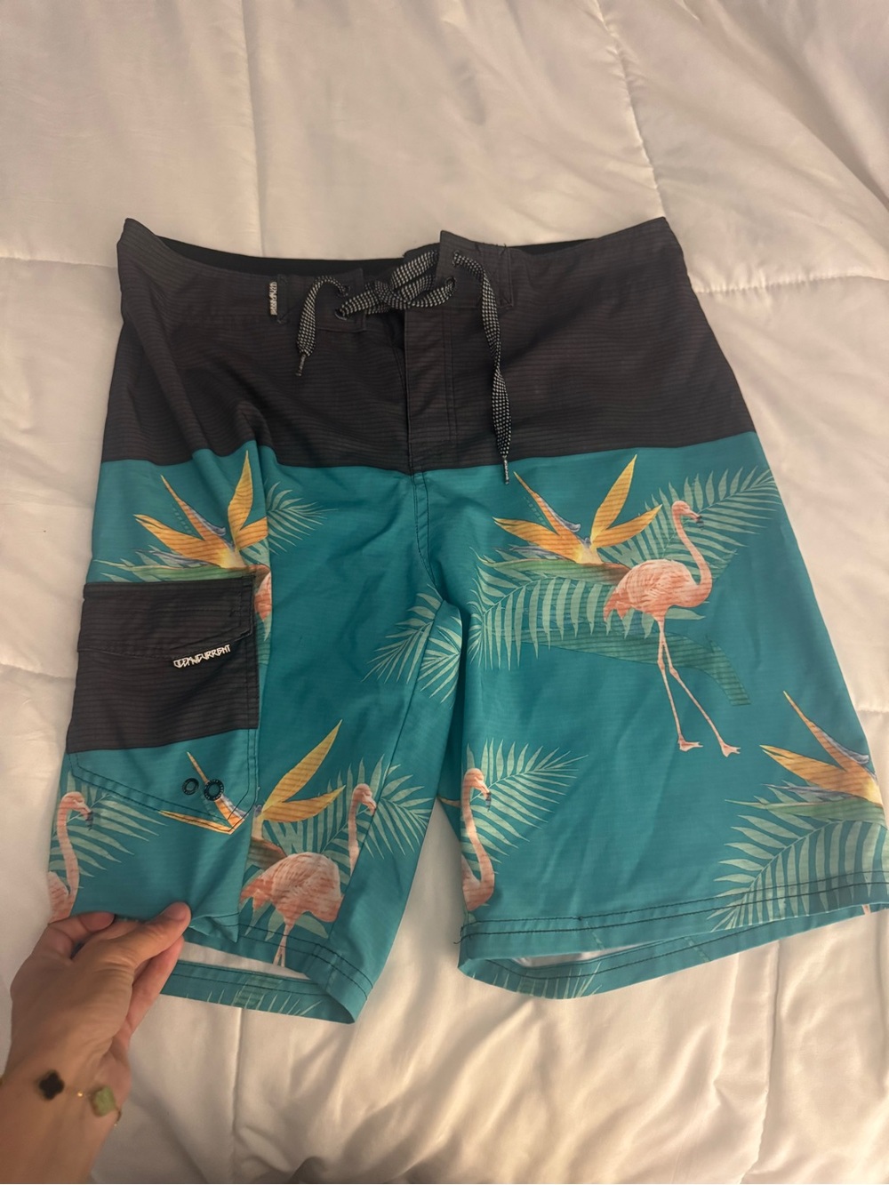 Ocean Current Teal and Black Flamingo Board Shorts